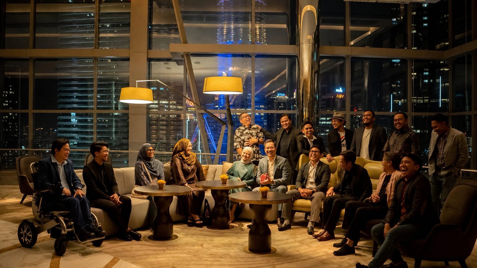 The Mafar leadership gathered in a lounge overlooking the city at night.