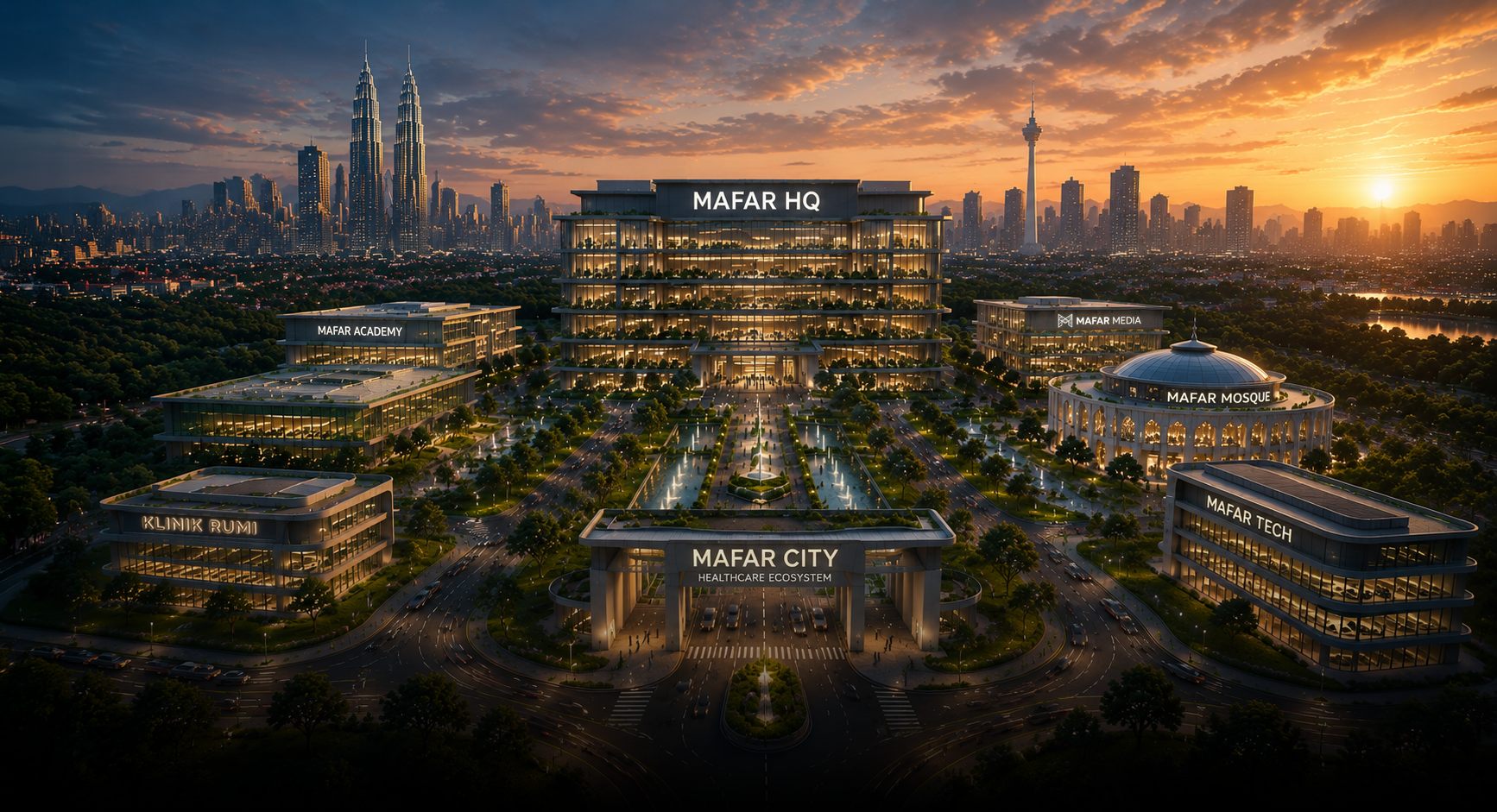 Concept render of Mafar HQ at sunset, the Academy, Media, Tech, Klinik Rumi and mosque buildings around it, the city skyline behind.