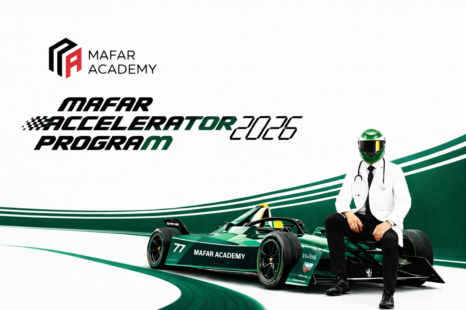 The MAP 2026 key visual, a racing driver seated on a Mafar Academy car.