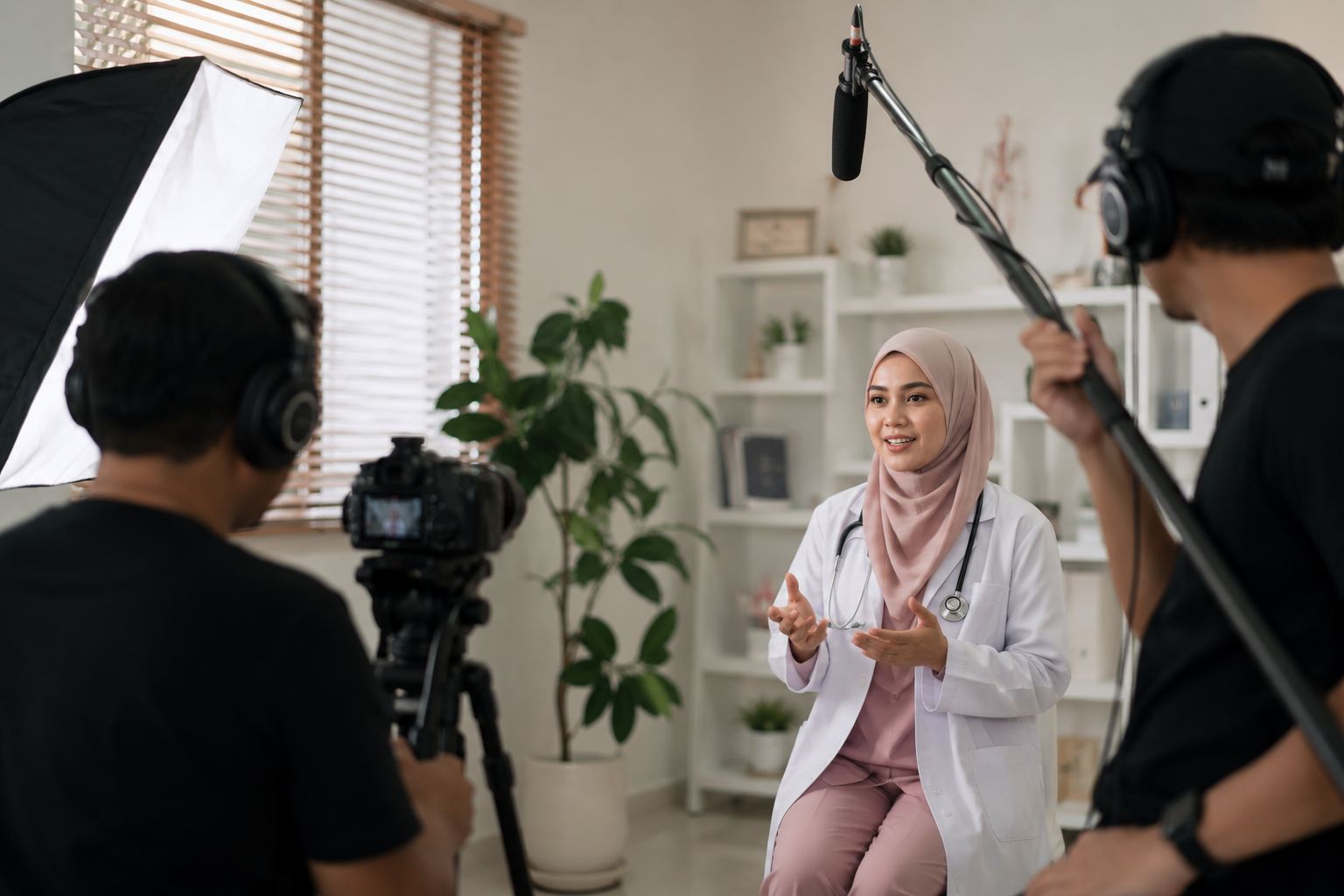A doctor being filmed in the studio, boom microphone overhead.