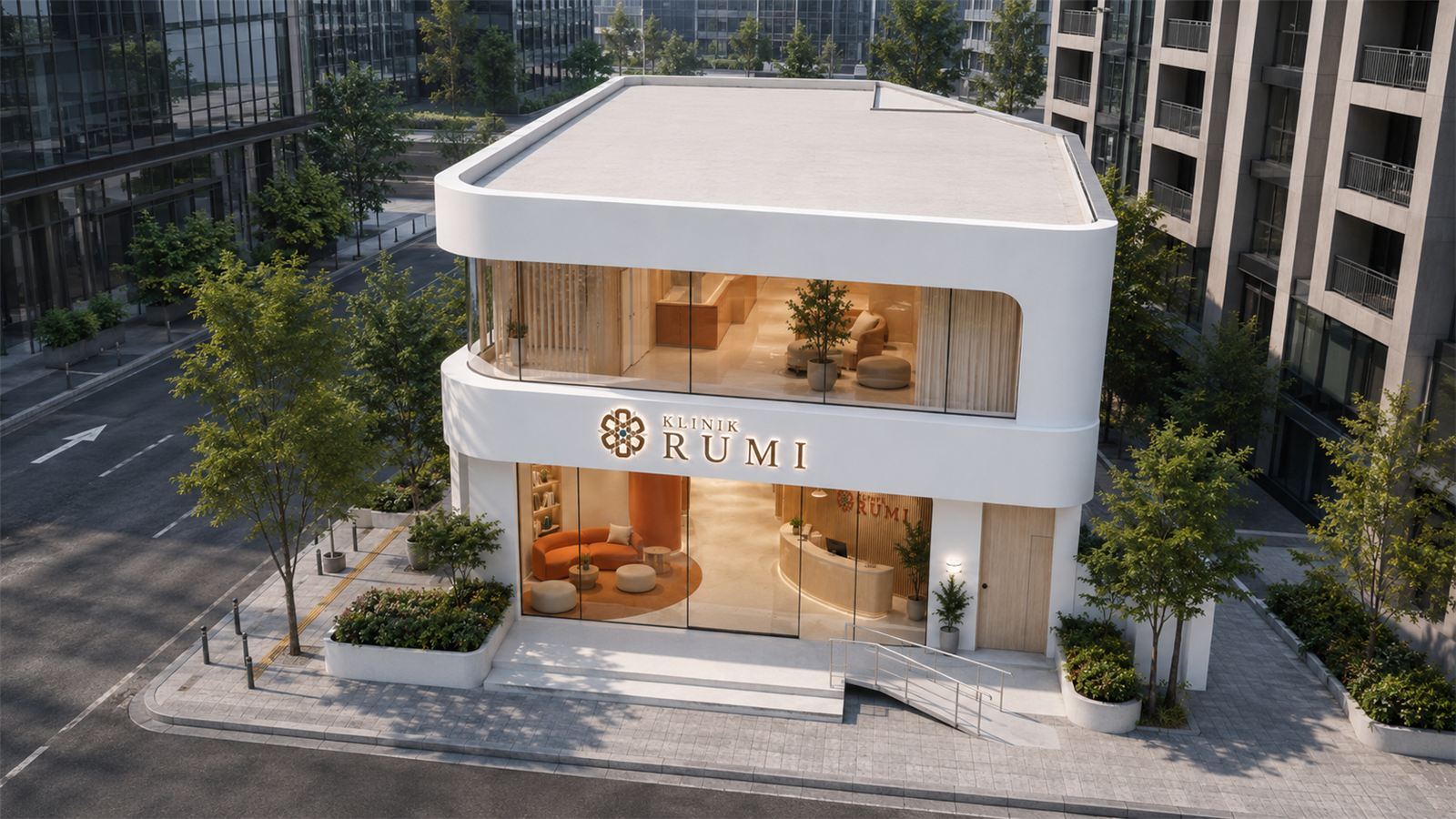 Concept visual of a Klinik Rumi standalone clinic building.